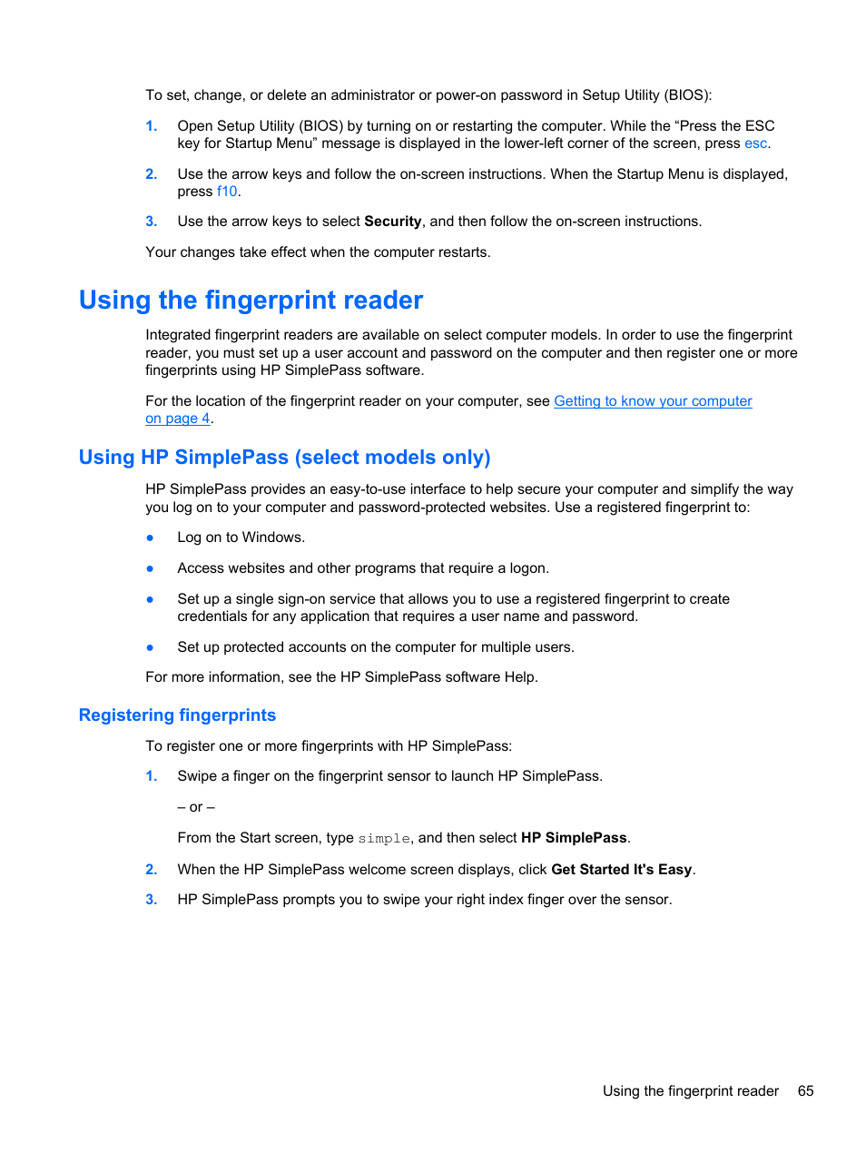 Using the fingerprint reader, Using hp simplepass (select models only), Registering fingerprints | HP Spectre XT Ultrabook CTO 13t-2100 User Manual | Page 75 / 95
