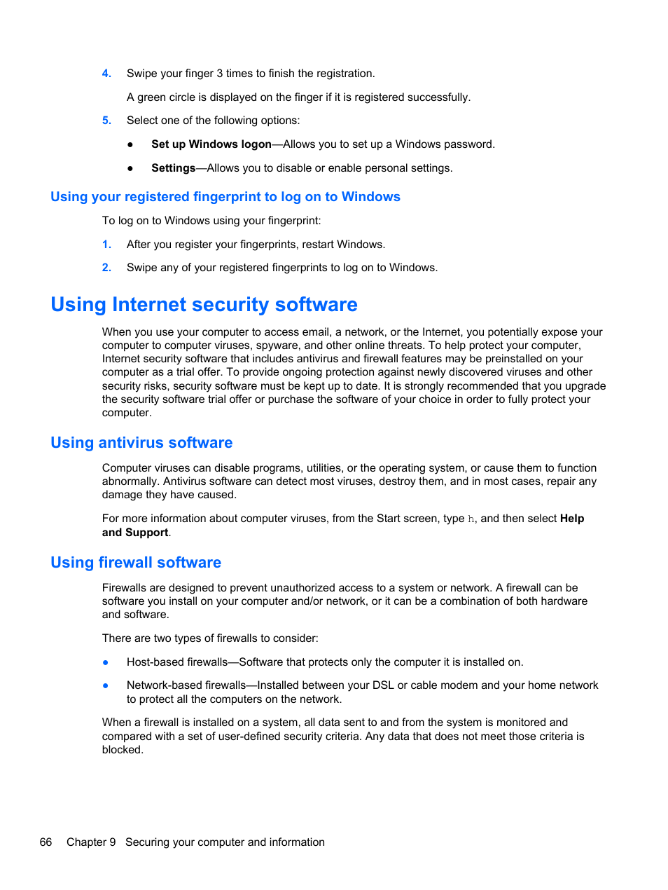 Using internet security software, Using antivirus software, Using firewall software | Using antivirus software using firewall software | HP Spectre XT Ultrabook CTO 13t-2100 User Manual | Page 76 / 95