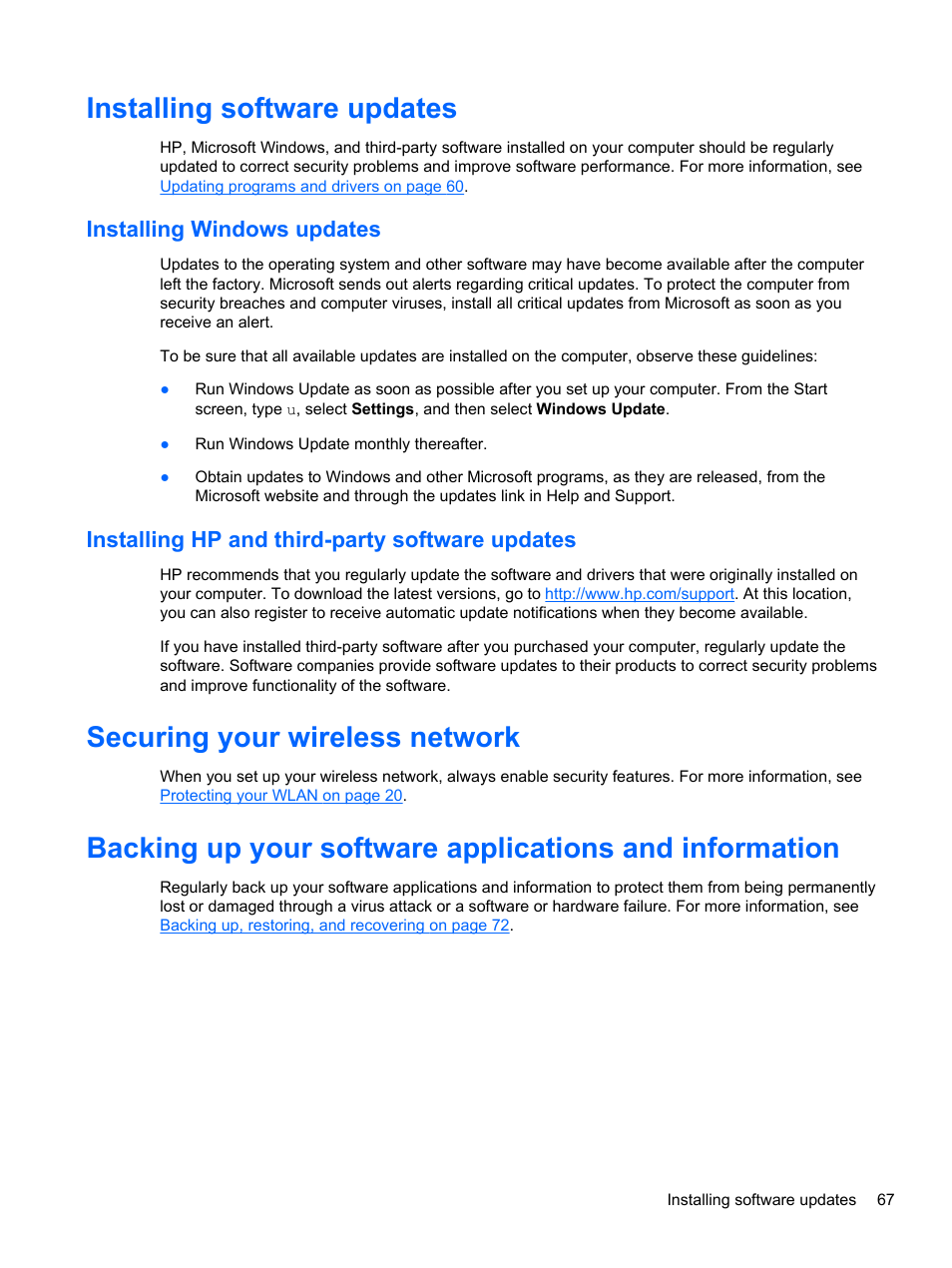Installing software updates, Installing windows updates, Installing hp and third-party software updates | Securing your wireless network | HP Spectre XT Ultrabook CTO 13t-2100 User Manual | Page 77 / 95