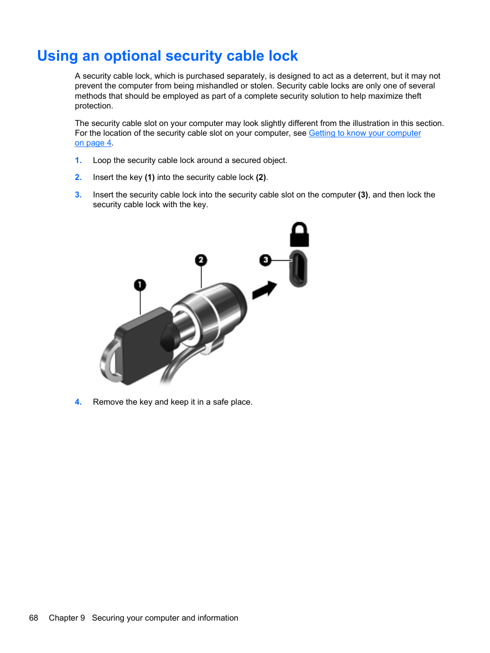 Using an optional security cable lock | HP Spectre XT Ultrabook CTO 13t-2100 User Manual | Page 78 / 95