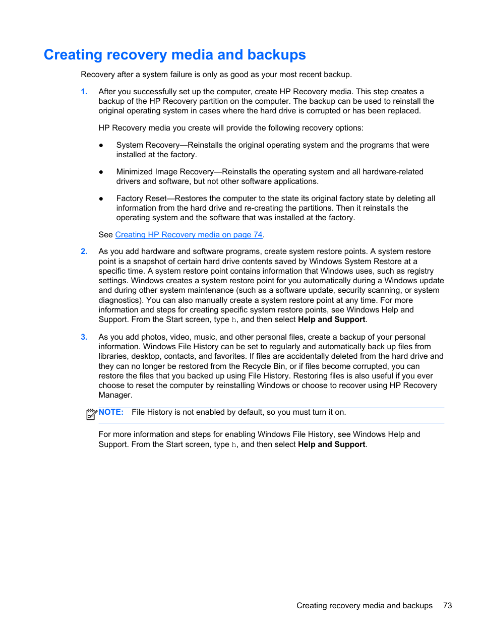 Creating recovery media and backups | HP Spectre XT Ultrabook CTO 13t-2100 User Manual | Page 83 / 95