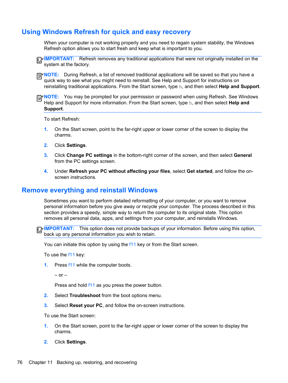Using windows refresh for quick and easy recovery, Remove everything and reinstall windows | HP Spectre XT Ultrabook CTO 13t-2100 User Manual | Page 86 / 95