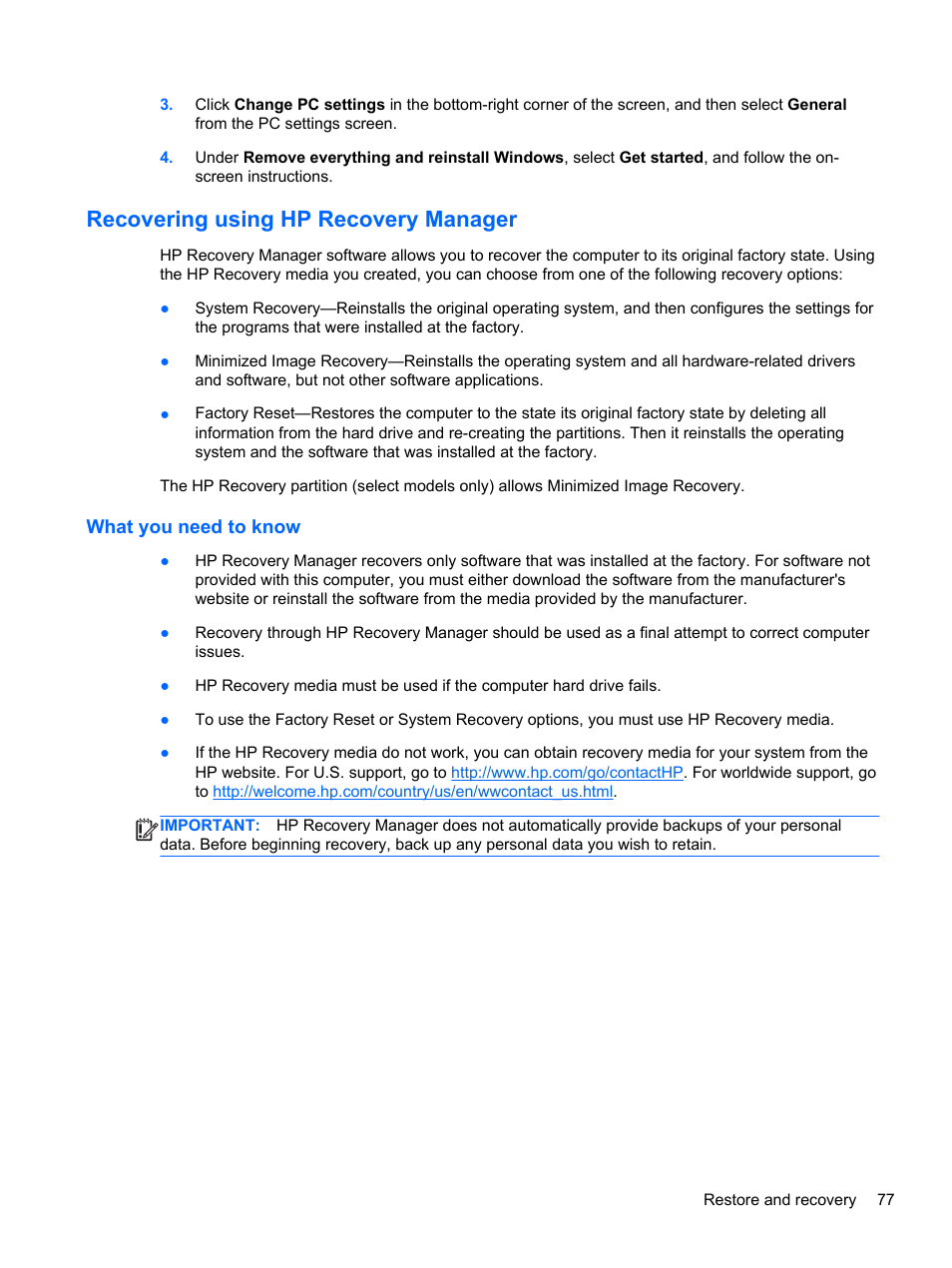 Recovering using hp recovery manager, What you need to know | HP Spectre XT Ultrabook CTO 13t-2100 User Manual | Page 87 / 95