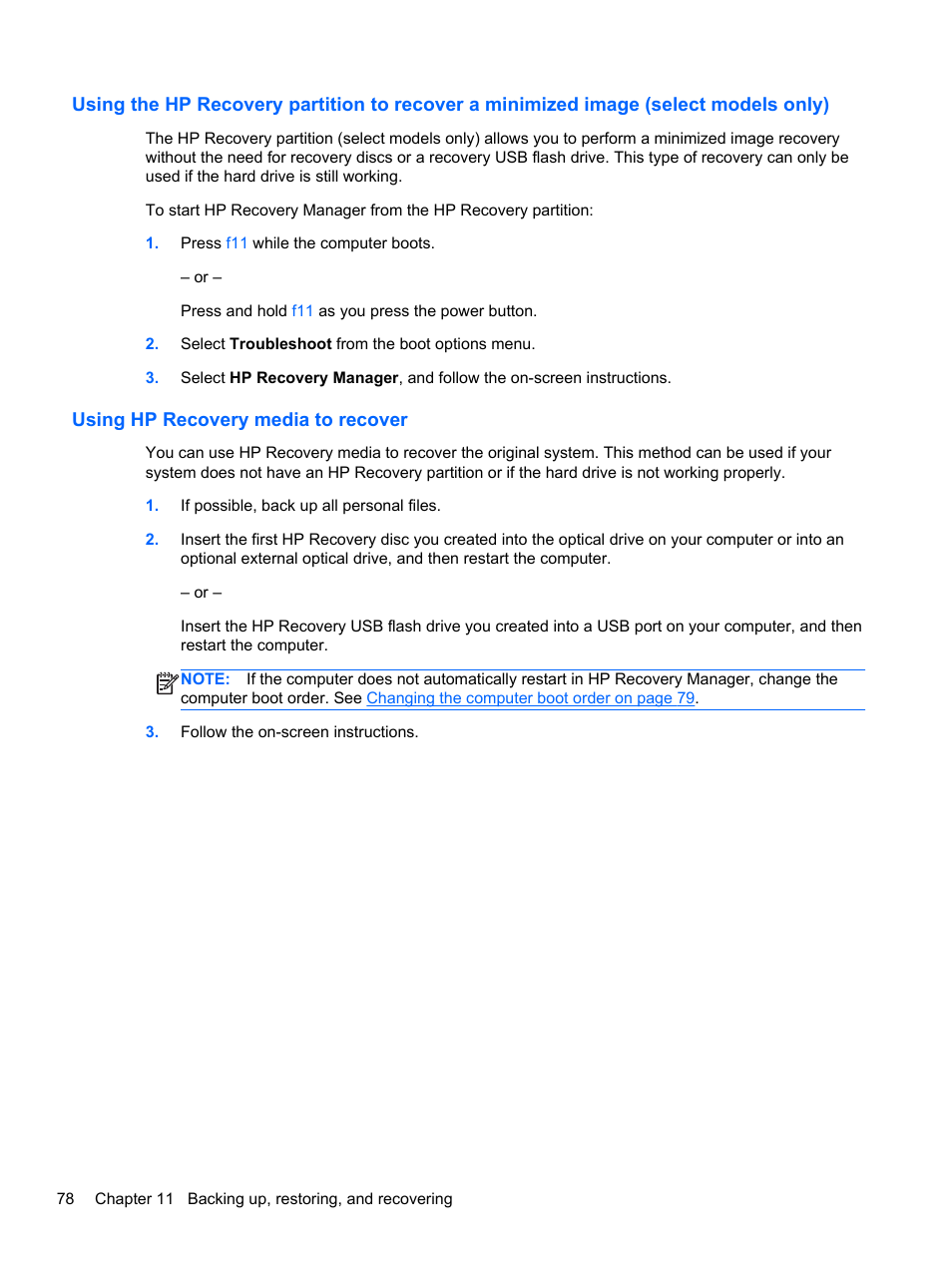 Using hp recovery media to recover | HP Spectre XT Ultrabook CTO 13t-2100 User Manual | Page 88 / 95