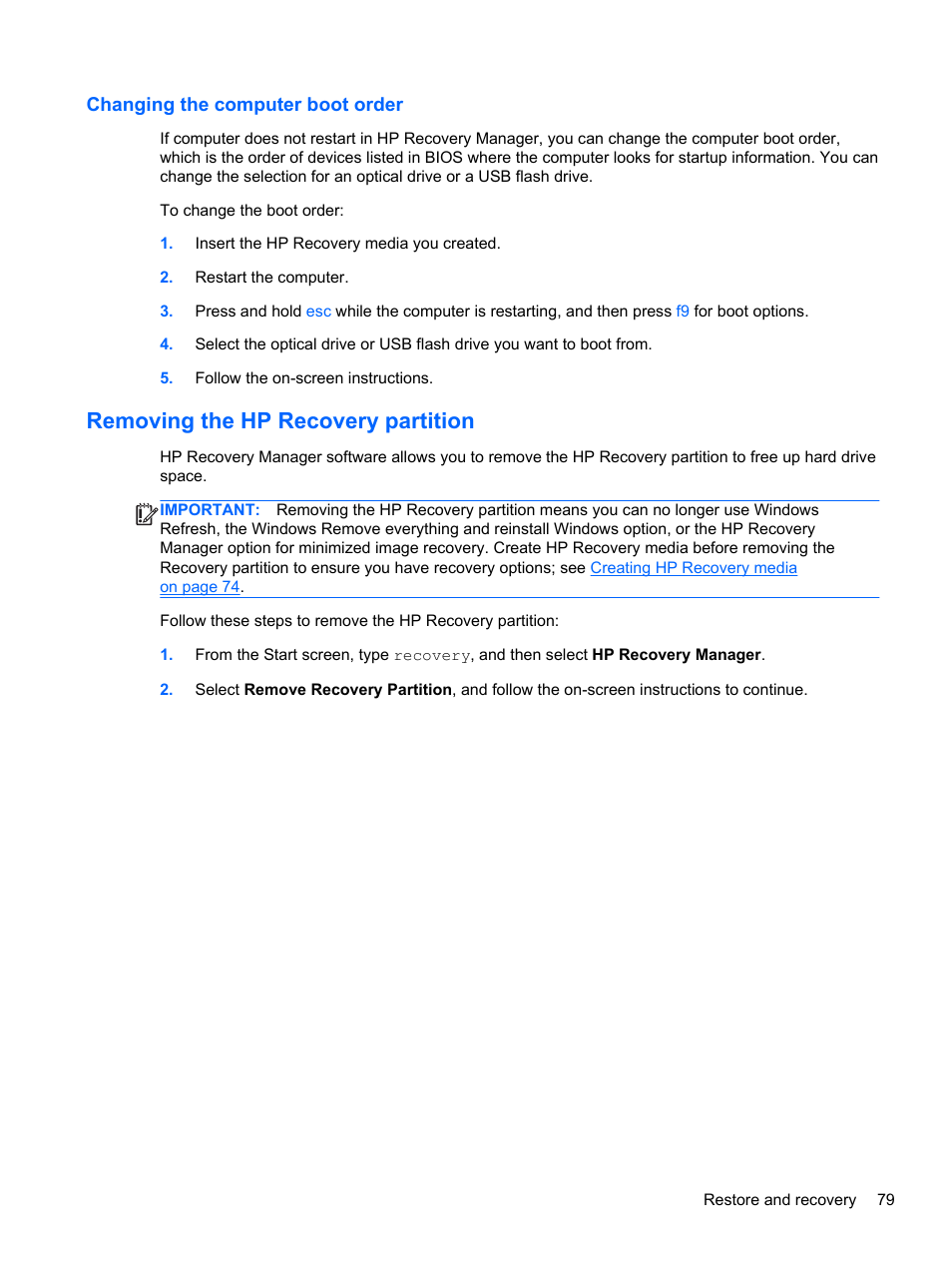 Changing the computer boot order, Removing the hp recovery partition | HP Spectre XT Ultrabook CTO 13t-2100 User Manual | Page 89 / 95