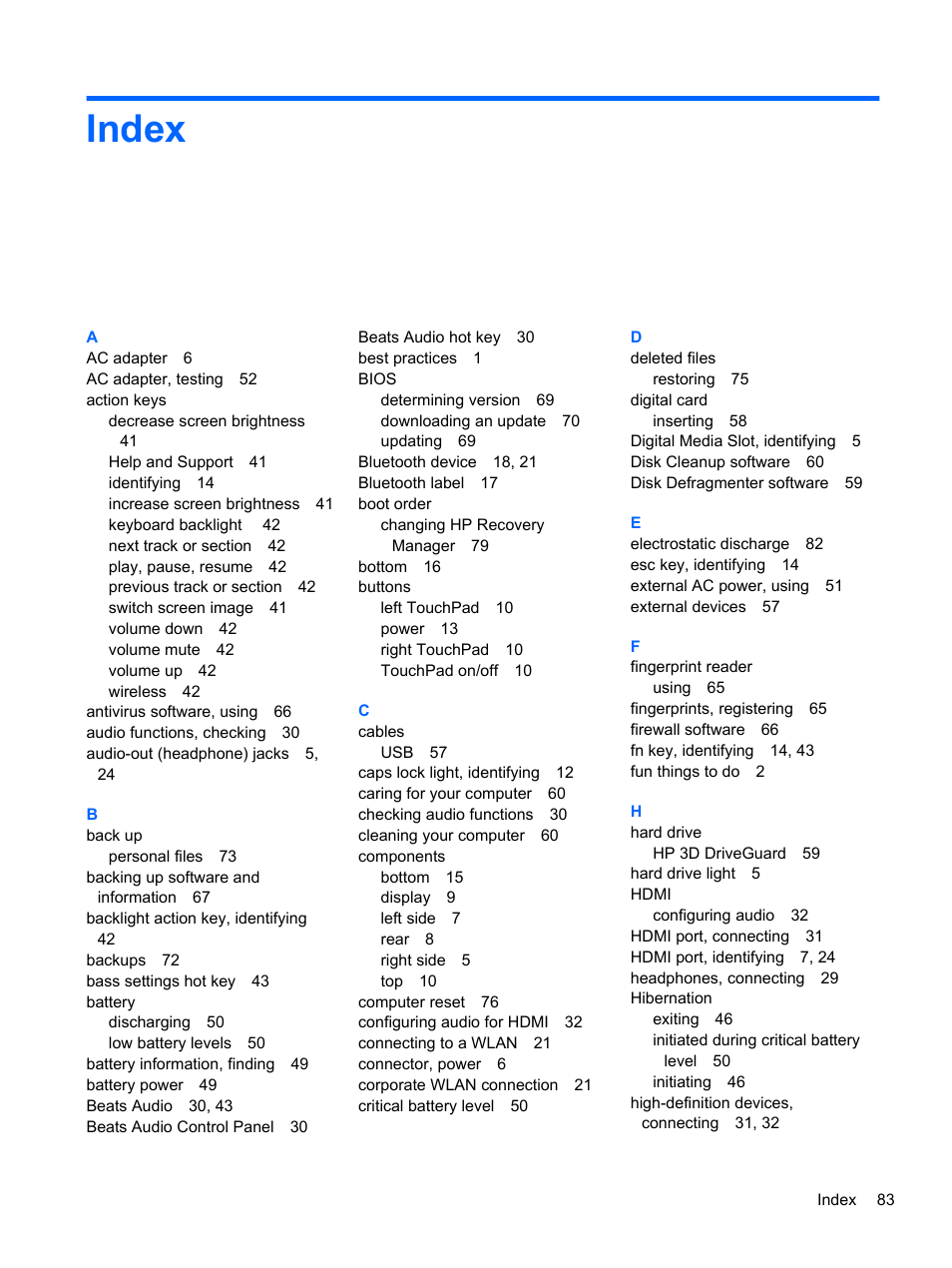 Index | HP Spectre XT Ultrabook CTO 13t-2100 User Manual | Page 93 / 95