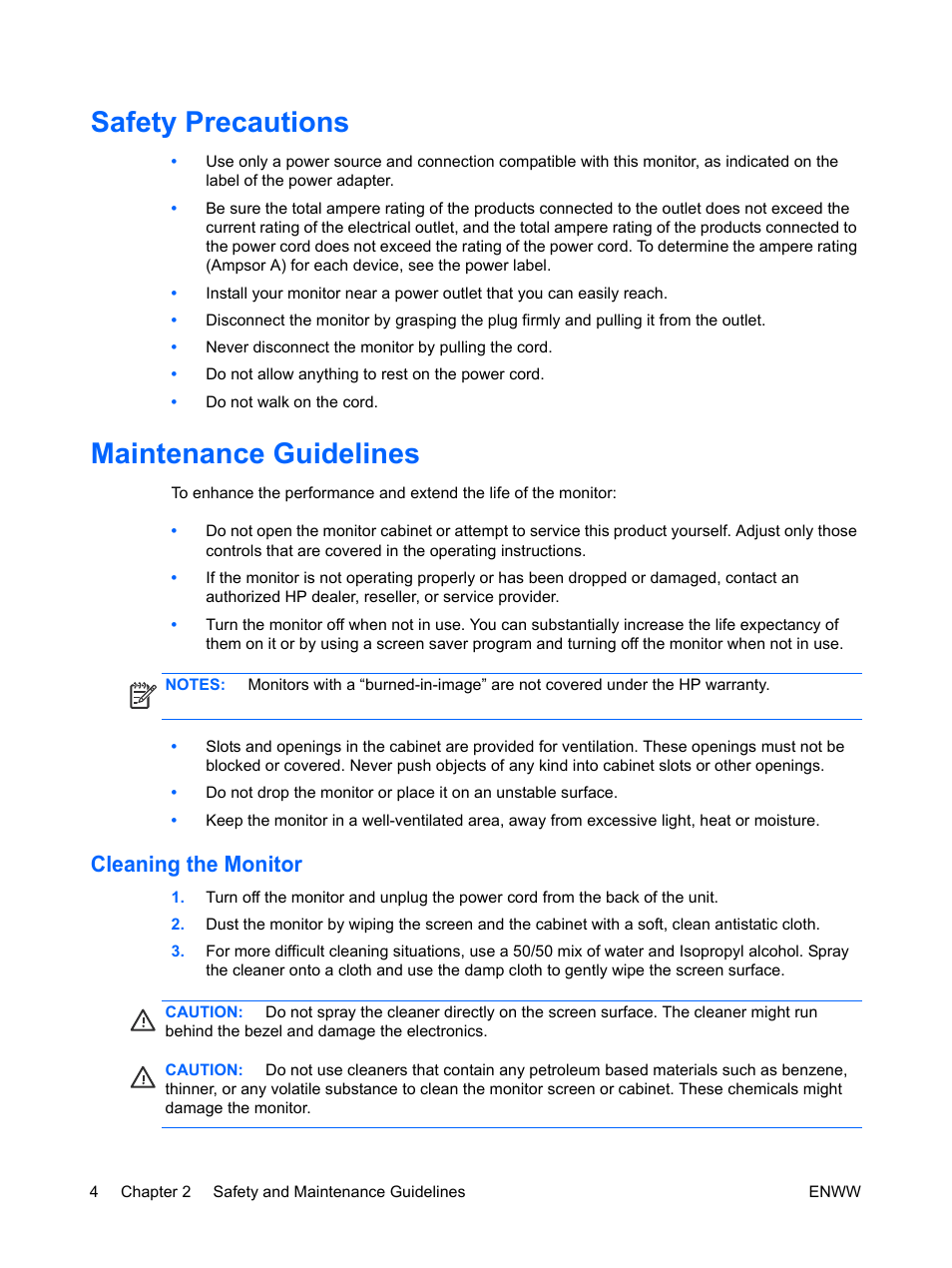 Safety precautions, Maintenance guidelines, Cleaning the monitor | Safety precautions maintenance guidelines | HP ENVY 27 27-inch Diagonal IPS LED Backlit Monitor User Manual | Page 10 / 37