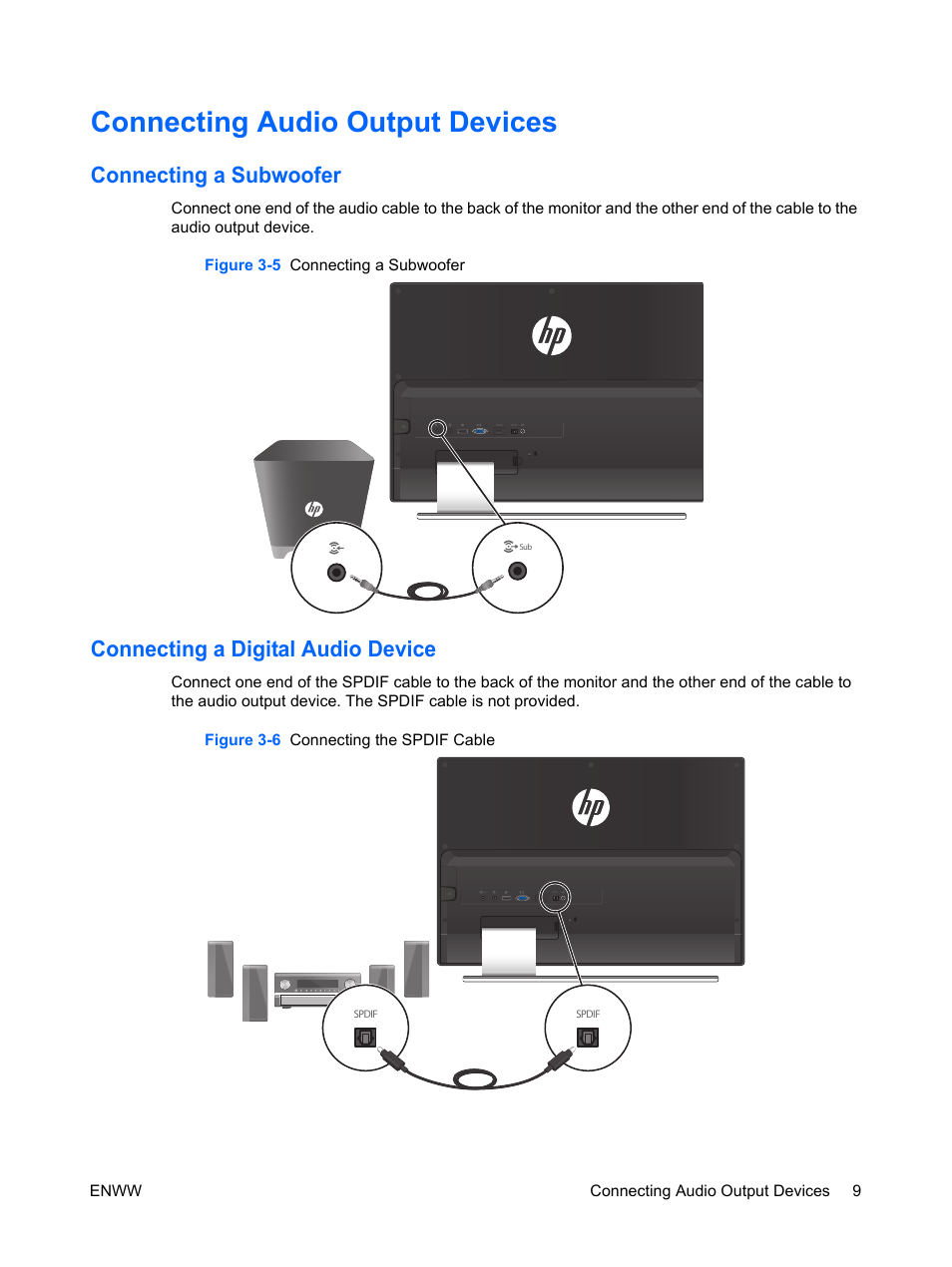 Connecting audio output devices, Connecting a subwoofer, Figure 3-5 connecting a subwoofer | Connecting a digital audio device, Figure 3-6 connecting the spdif cable | HP ENVY 27 27-inch Diagonal IPS LED Backlit Monitor User Manual | Page 15 / 37