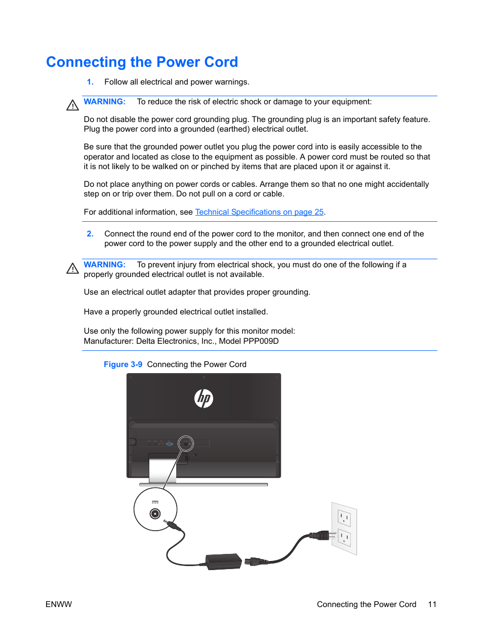 Connecting the power cord, Follow all electrical and power warnings, Figure 3-9 connecting the power cord | HP ENVY 27 27-inch Diagonal IPS LED Backlit Monitor User Manual | Page 17 / 37