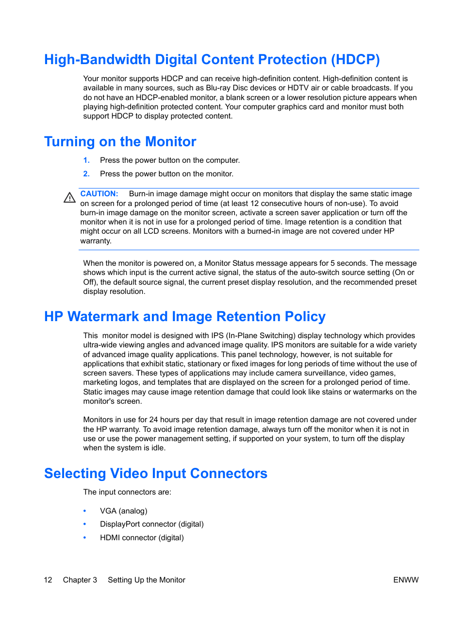 High-bandwidth digital content protection (hdcp), Turning on the monitor, Press the power button on the computer | Press the power button on the monitor, Hp watermark and image retention policy, Selecting video input connectors | HP ENVY 27 27-inch Diagonal IPS LED Backlit Monitor User Manual | Page 18 / 37