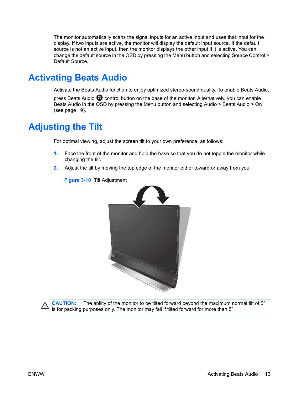 Activating beats audio, Adjusting the tilt, Figure 3-10 tilt adjustment | Activating beats audio adjusting the tilt | HP ENVY 27 27-inch Diagonal IPS LED Backlit Monitor User Manual | Page 19 / 37