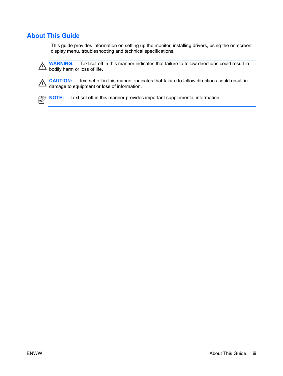 About this guide | HP ENVY 27 27-inch Diagonal IPS LED Backlit Monitor User Manual | Page 3 / 37