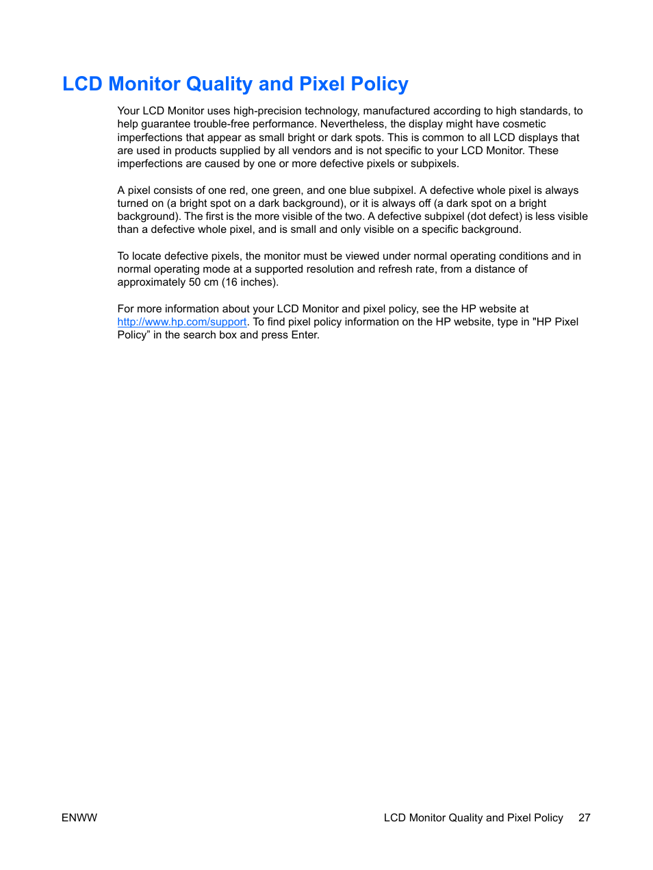 Lcd monitor quality and pixel policy | HP ENVY 27 27-inch Diagonal IPS LED Backlit Monitor User Manual | Page 33 / 37