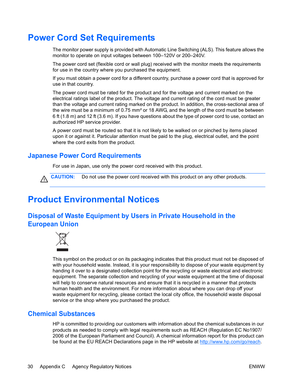 Power cord set requirements, Japanese power cord requirements, Product environmental notices | Chemical substances, Power cord set | HP ENVY 27 27-inch Diagonal IPS LED Backlit Monitor User Manual | Page 36 / 37