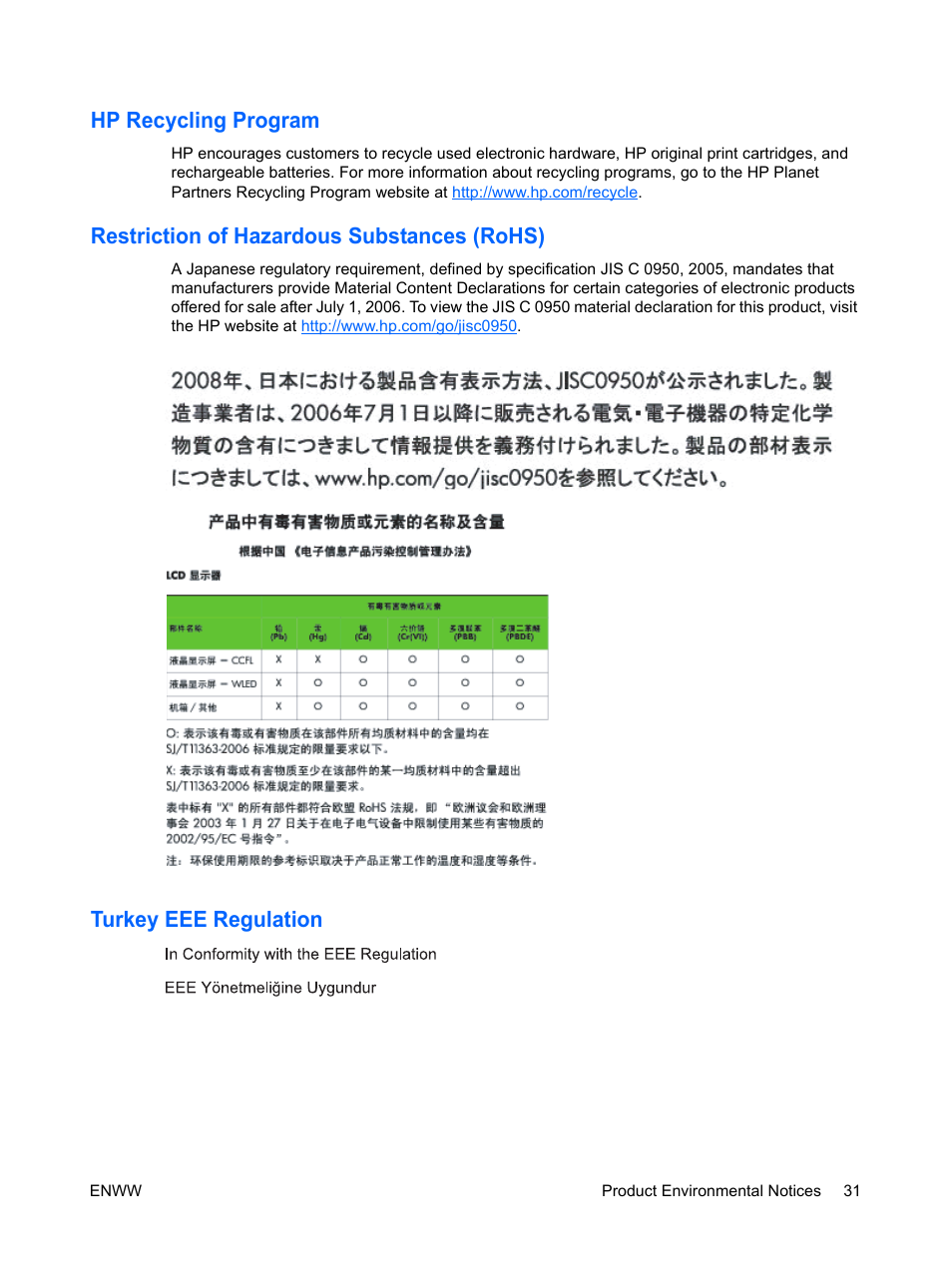 Hp recycling program, Restriction of hazardous substances (rohs), Turkey eee regulation | HP ENVY 27 27-inch Diagonal IPS LED Backlit Monitor User Manual | Page 37 / 37