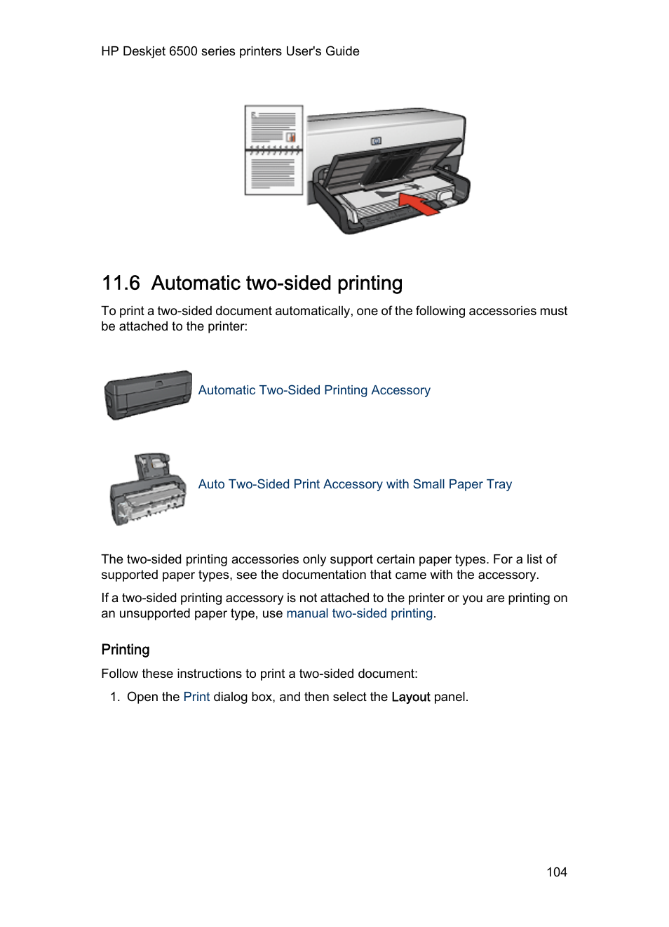 6 automatic two-sided printing, Printing, Automatically | Automatic, Two-sided printing instructions | HP Deskjet 6540 Color Inkjet Printer User Manual | Page 104 / 195