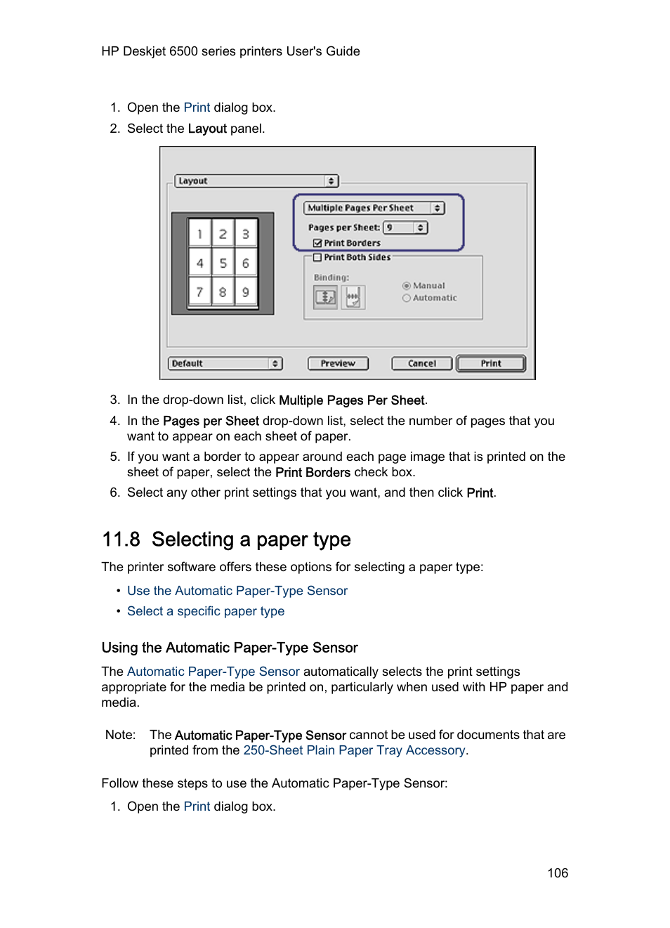 8 selecting a paper type, Using the automatic paper-type sensor, To use the automatic paper-type sensor, see the | Paper-type selection, Paper type | HP Deskjet 6540 Color Inkjet Printer User Manual | Page 106 / 195