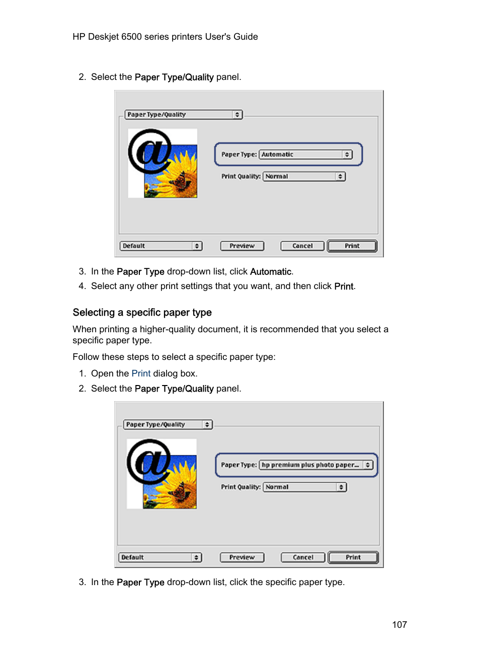 Selecting a specific paper type, Select a specific paper type | HP Deskjet 6540 Color Inkjet Printer User Manual | Page 107 / 195