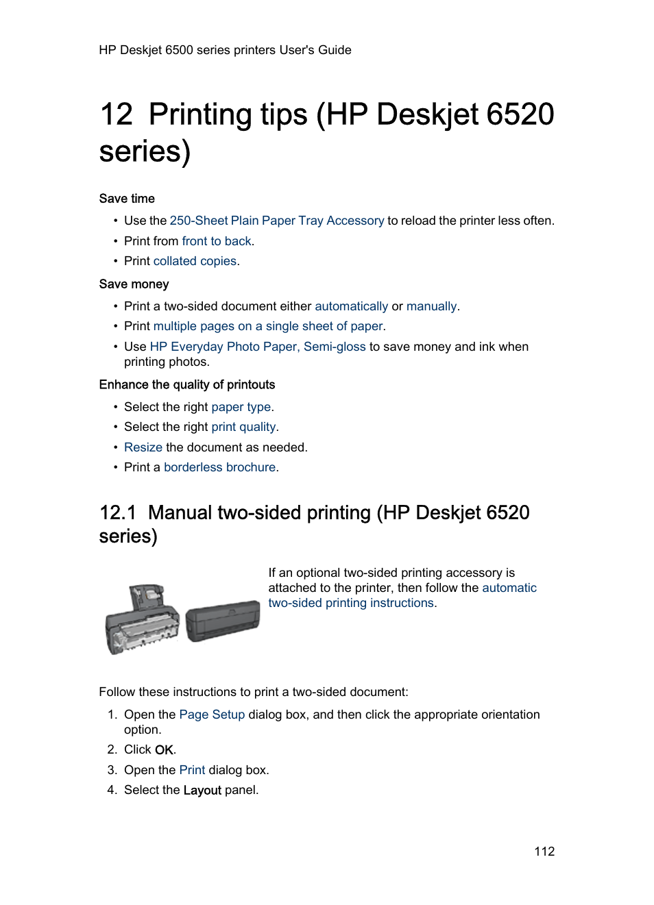 12 printing tips (hp deskjet 6520 series), Printing tips, These | Two-sided printing | HP Deskjet 6540 Color Inkjet Printer User Manual | Page 112 / 195