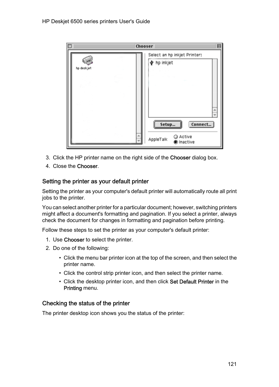 Setting the printer as your default printer, Checking the status of the printer | HP Deskjet 6540 Color Inkjet Printer User Manual | Page 121 / 195