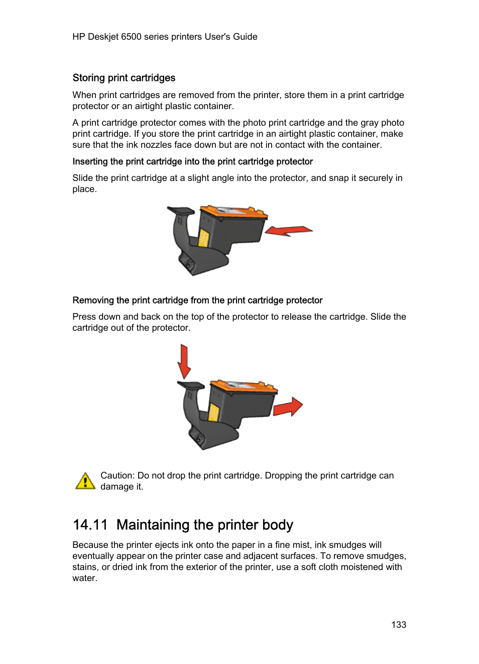 Storing print cartridges, 11 maintaining the printer body | HP Deskjet 6540 Color Inkjet Printer User Manual | Page 133 / 195