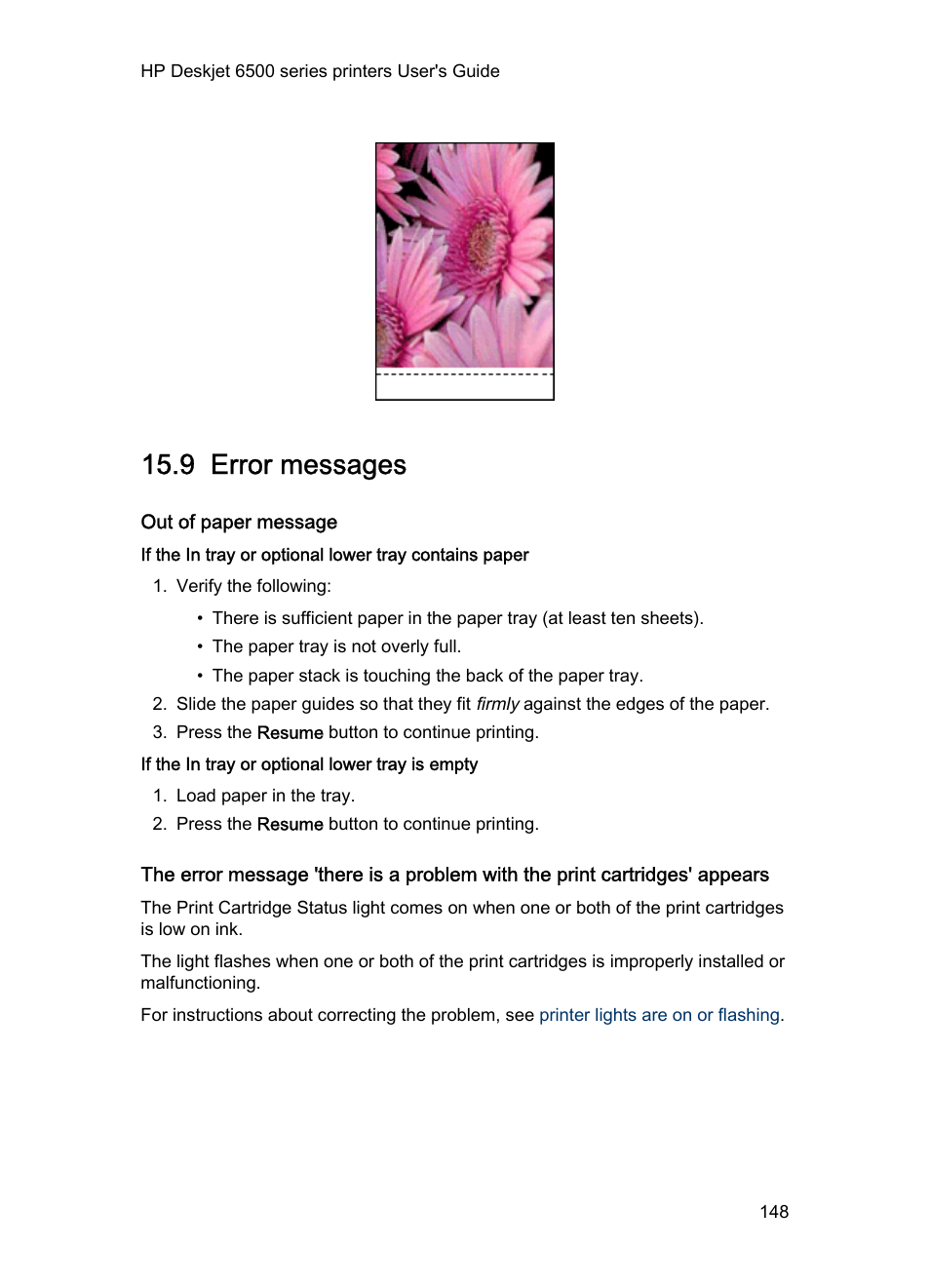 9 error messages, Out of paper message, If the in tray or optional lower tray is empty | Error messages, If an out-of-paper message appears, see the | HP Deskjet 6540 Color Inkjet Printer User Manual | Page 148 / 195