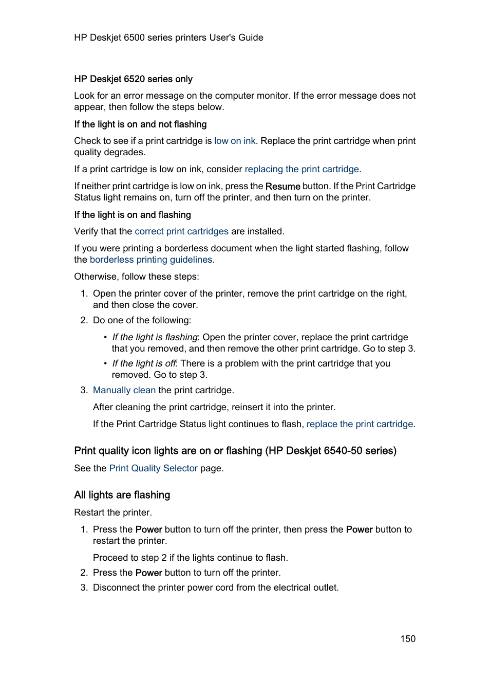 Hp deskjet 6520 series only, All lights are flashing | HP Deskjet 6540 Color Inkjet Printer User Manual | Page 150 / 195