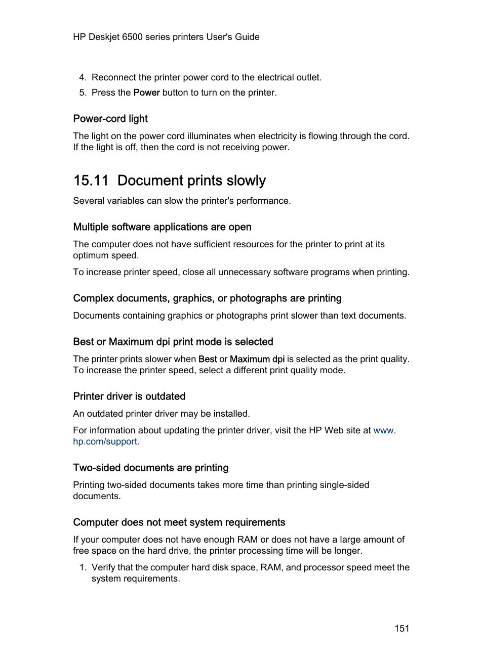 Power-cord light, 11 document prints slowly, Multiple software applications are open | Best or maximum dpi print mode is selected, Printer driver is outdated, Two-sided documents are printing, Computer does not meet system requirements, Document prints slowly | HP Deskjet 6540 Color Inkjet Printer User Manual | Page 151 / 195