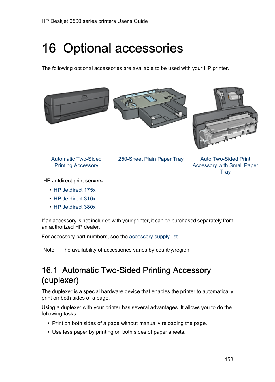 16 optional accessories, Optional accessories, Automatic two | Sided printing accessory, Automatic two-sided, Printing accessory, Optional), Automatic two-sided printing accessory | HP Deskjet 6540 Color Inkjet Printer User Manual | Page 153 / 195