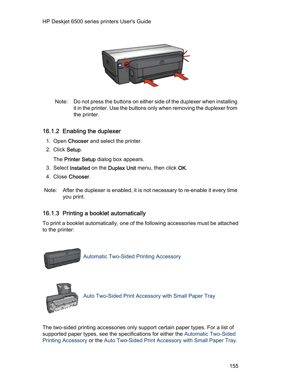 2 enabling the duplexer, 3 printing a booklet automatically, Steps to print | A booklet automatically | HP Deskjet 6540 Color Inkjet Printer User Manual | Page 155 / 195