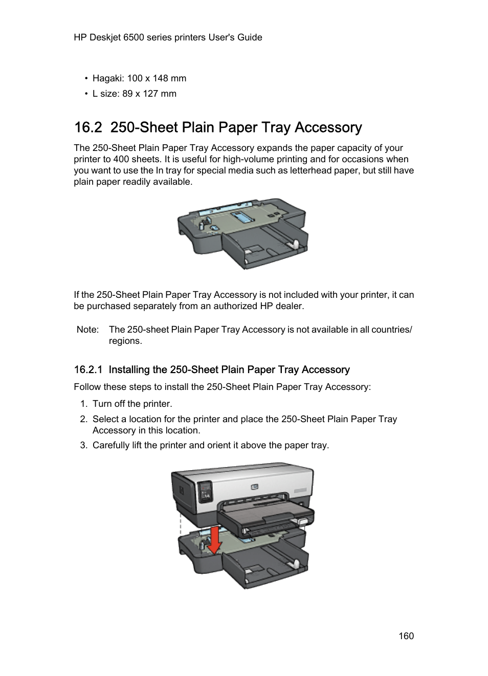 2 250-sheet plain paper tray accessory, Sheet plain paper tray accessory, And expand the printer's paper-handling | Sheet plain paper tray, Accessory, Optional), Or the, Installation steps, Sheet plain paper, Tray accessory | HP Deskjet 6540 Color Inkjet Printer User Manual | Page 160 / 195