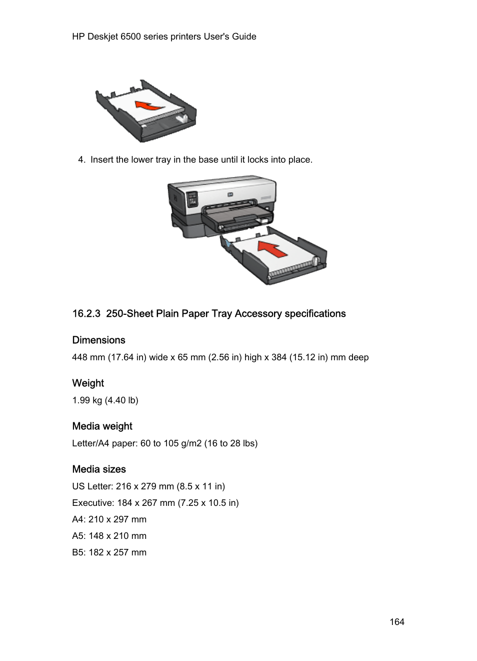 Dimensions, Weight, Media weight | Media sizes | HP Deskjet 6540 Color Inkjet Printer User Manual | Page 164 / 195