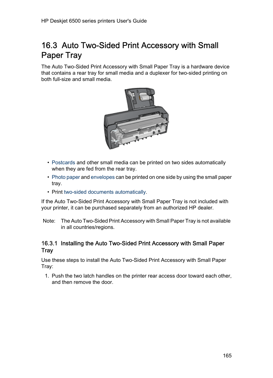Auto two-sided print, Accessory with small paper, Tray | Auto two, Sided print accessory with small paper tray, Auto two-sided print accessory, With small paper tray | HP Deskjet 6540 Color Inkjet Printer User Manual | Page 165 / 195
