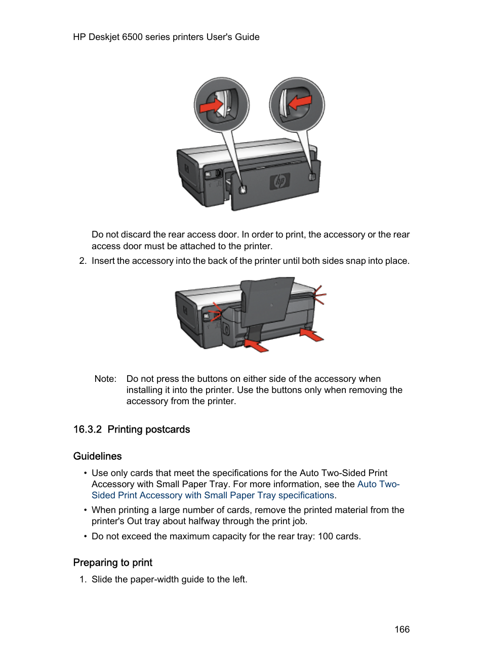 2 printing postcards, Guidelines, Preparing to print | Tray is attached to the printer, follow the, Steps for printing, Paper tray, Postcards | HP Deskjet 6540 Color Inkjet Printer User Manual | Page 166 / 195