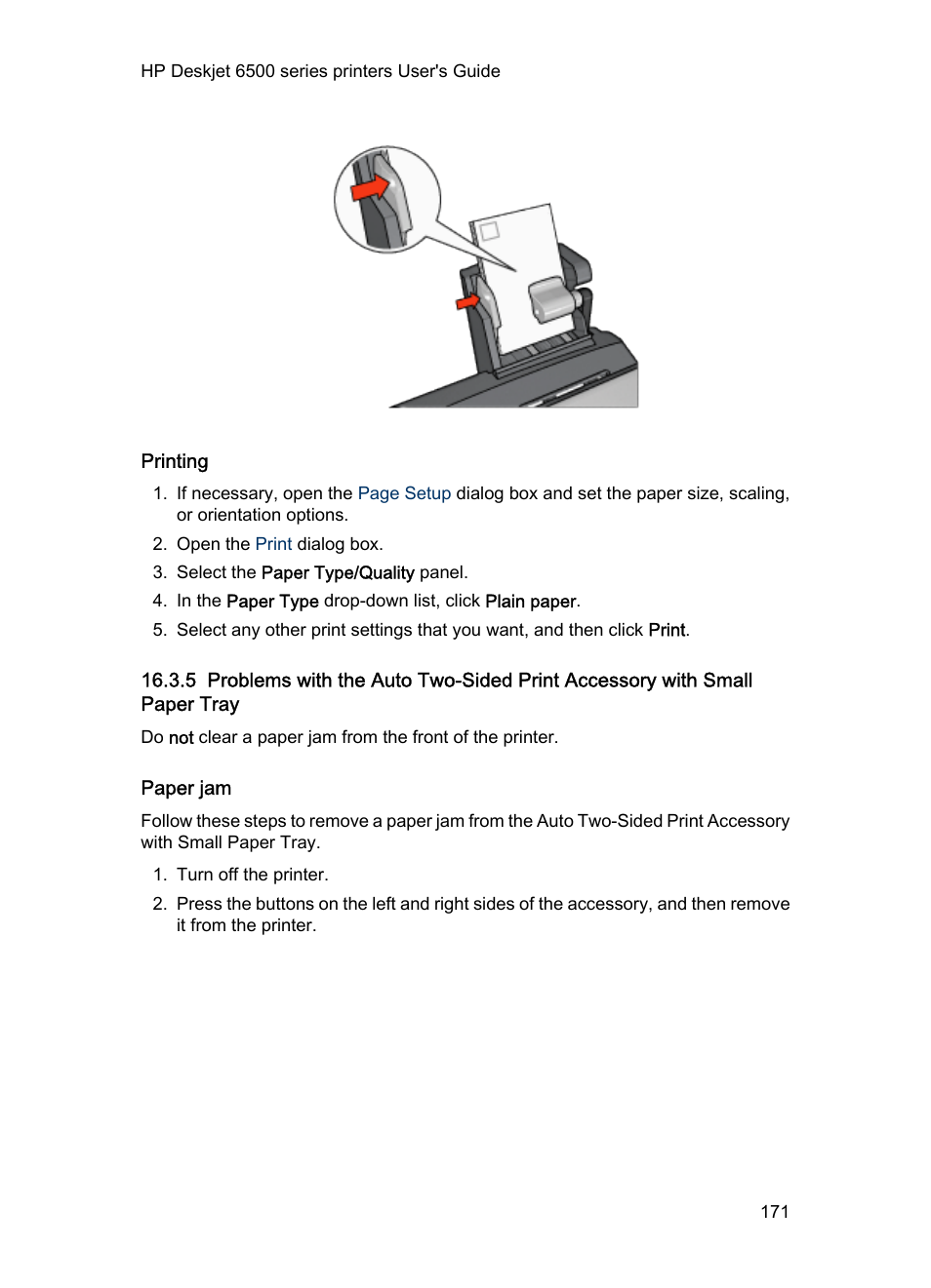 Printing, Paper jam, Steps to clear a paper jam | HP Deskjet 6540 Color Inkjet Printer User Manual | Page 171 / 195