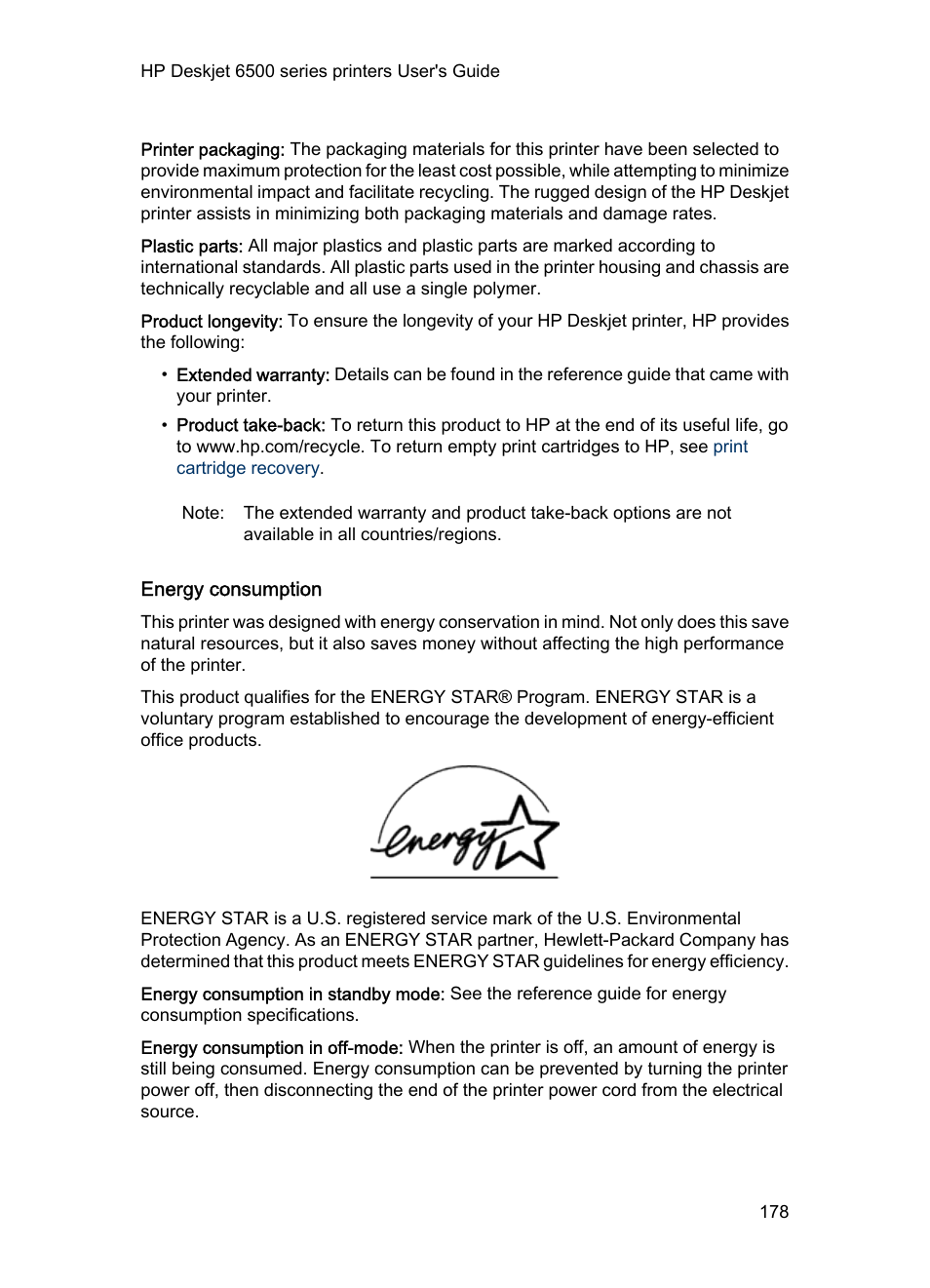 Energy consumption | HP Deskjet 6540 Color Inkjet Printer User Manual | Page 178 / 195
