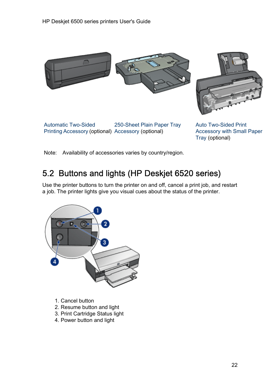 2 buttons and lights (hp deskjet 6520 series), Button, Buttons and lights | HP Deskjet 6540 Color Inkjet Printer User Manual | Page 22 / 195