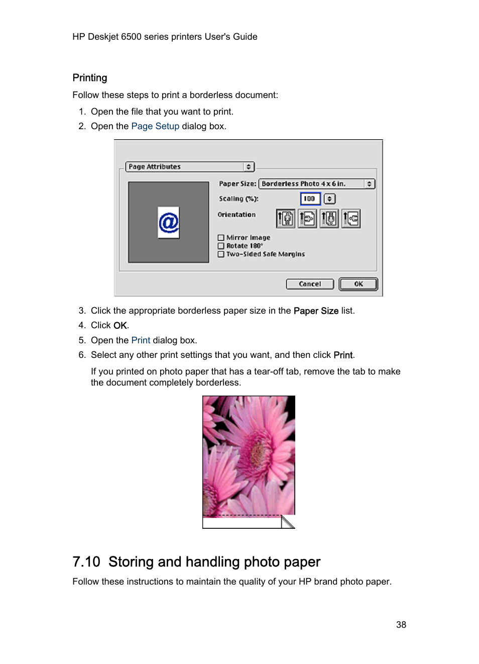 Printing, 10 storing and handling photo paper, Photo paper storage guidelines | HP Deskjet 6540 Color Inkjet Printer User Manual | Page 38 / 195