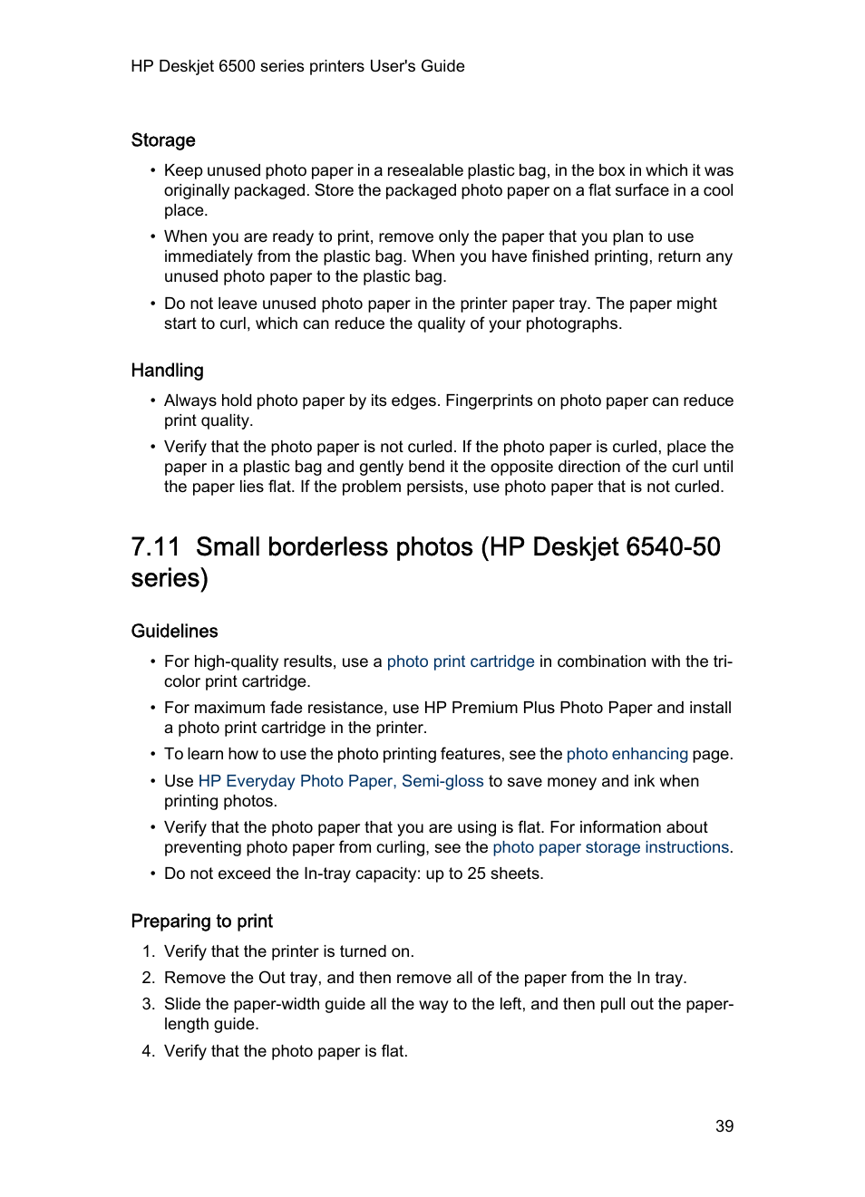 Storage, Handling, Guidelines | Preparing to print, Small borderless photo | HP Deskjet 6540 Color Inkjet Printer User Manual | Page 39 / 195