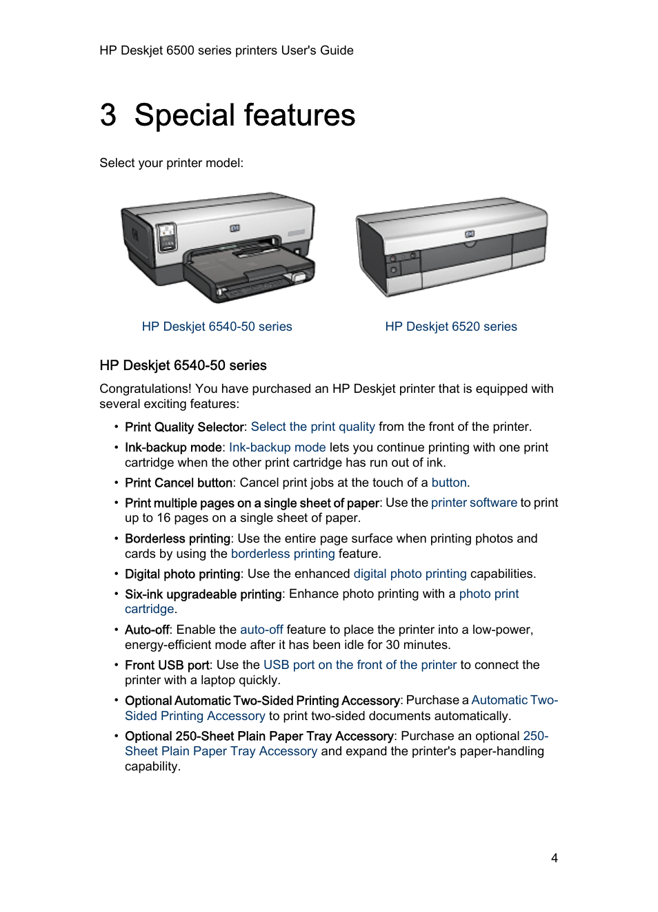 3 special features, Special features | HP Deskjet 6540 Color Inkjet Printer User Manual | Page 4 / 195