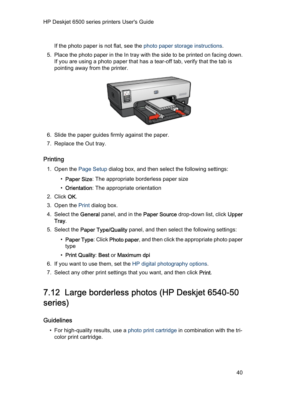 Printing, Guidelines, Large borderless photo | HP Deskjet 6540 Color Inkjet Printer User Manual | Page 40 / 195