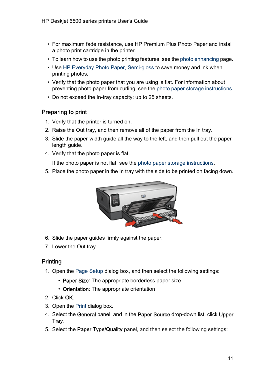 Preparing to print, Printing | HP Deskjet 6540 Color Inkjet Printer User Manual | Page 41 / 195