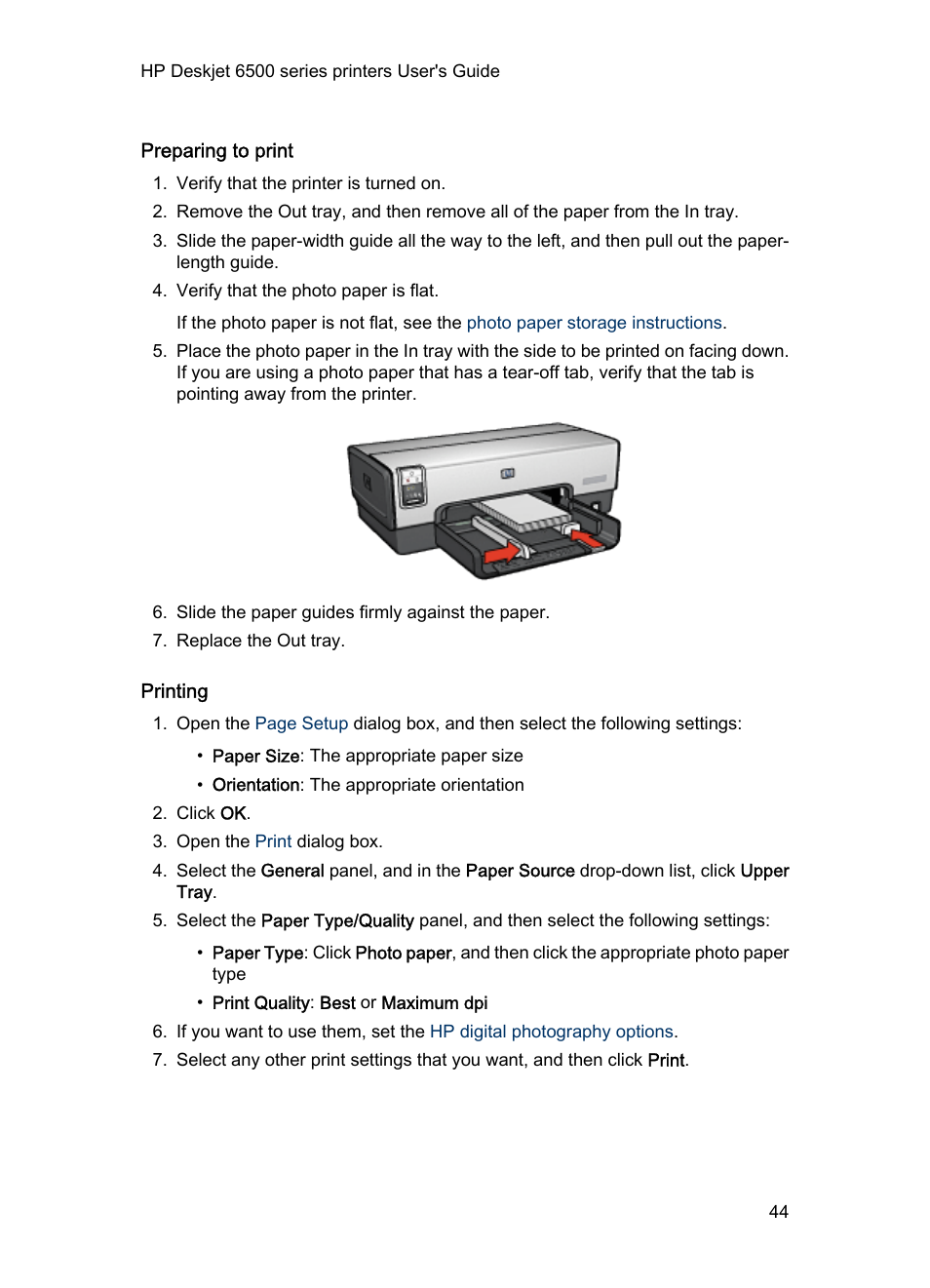 Preparing to print, Printing | HP Deskjet 6540 Color Inkjet Printer User Manual | Page 44 / 195