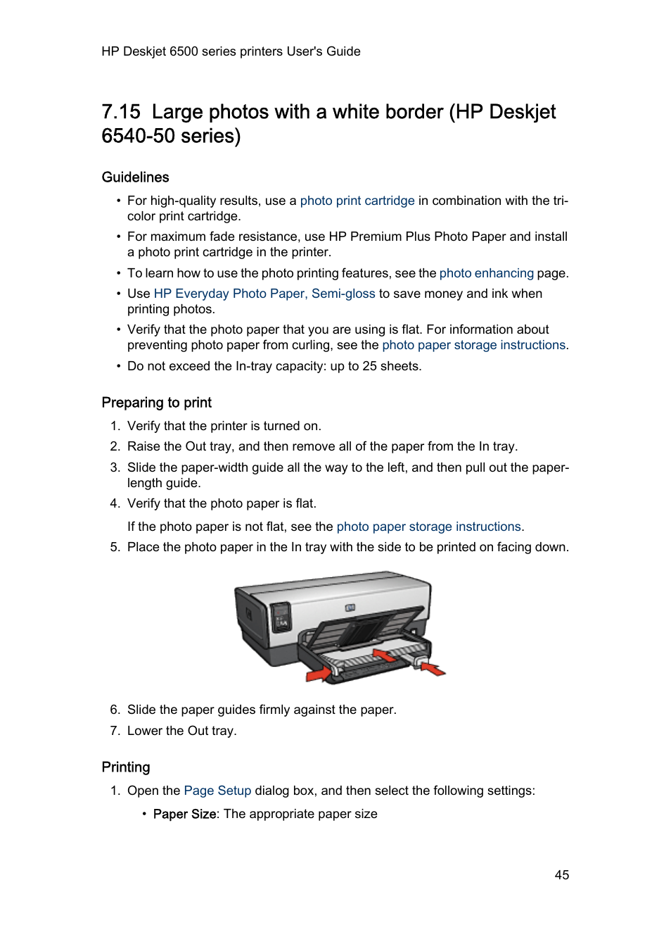 Guidelines, Preparing to print, Printing | Large photo, With a white border | HP Deskjet 6540 Color Inkjet Printer User Manual | Page 45 / 195