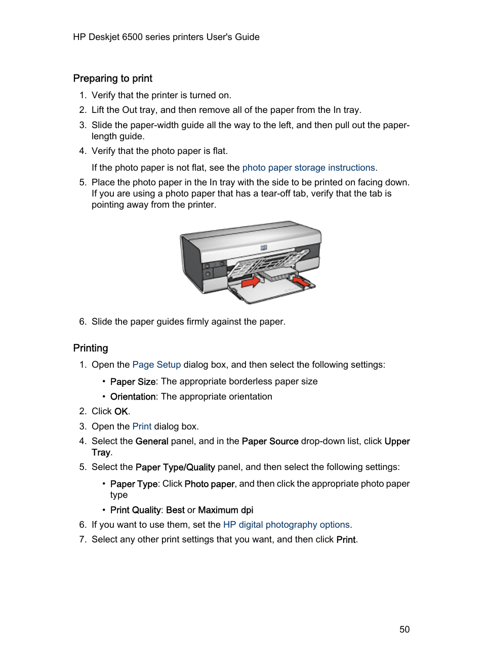 Preparing to print, Printing | HP Deskjet 6540 Color Inkjet Printer User Manual | Page 50 / 195