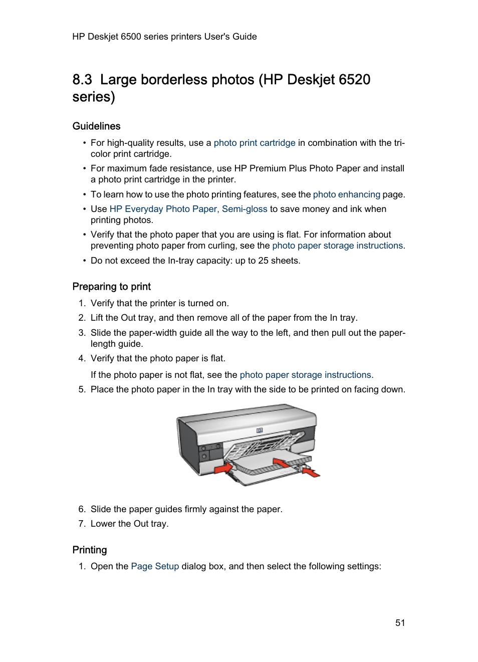 3 large borderless photos (hp deskjet 6520 series), Guidelines, Preparing to print | Printing, Large borderless photo | HP Deskjet 6540 Color Inkjet Printer User Manual | Page 51 / 195
