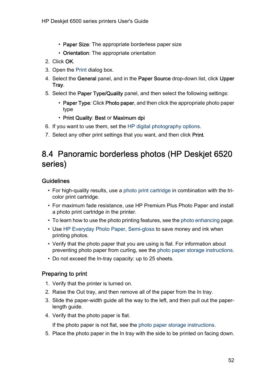 Guidelines, Preparing to print, Panoramic borderless photo | HP Deskjet 6540 Color Inkjet Printer User Manual | Page 52 / 195