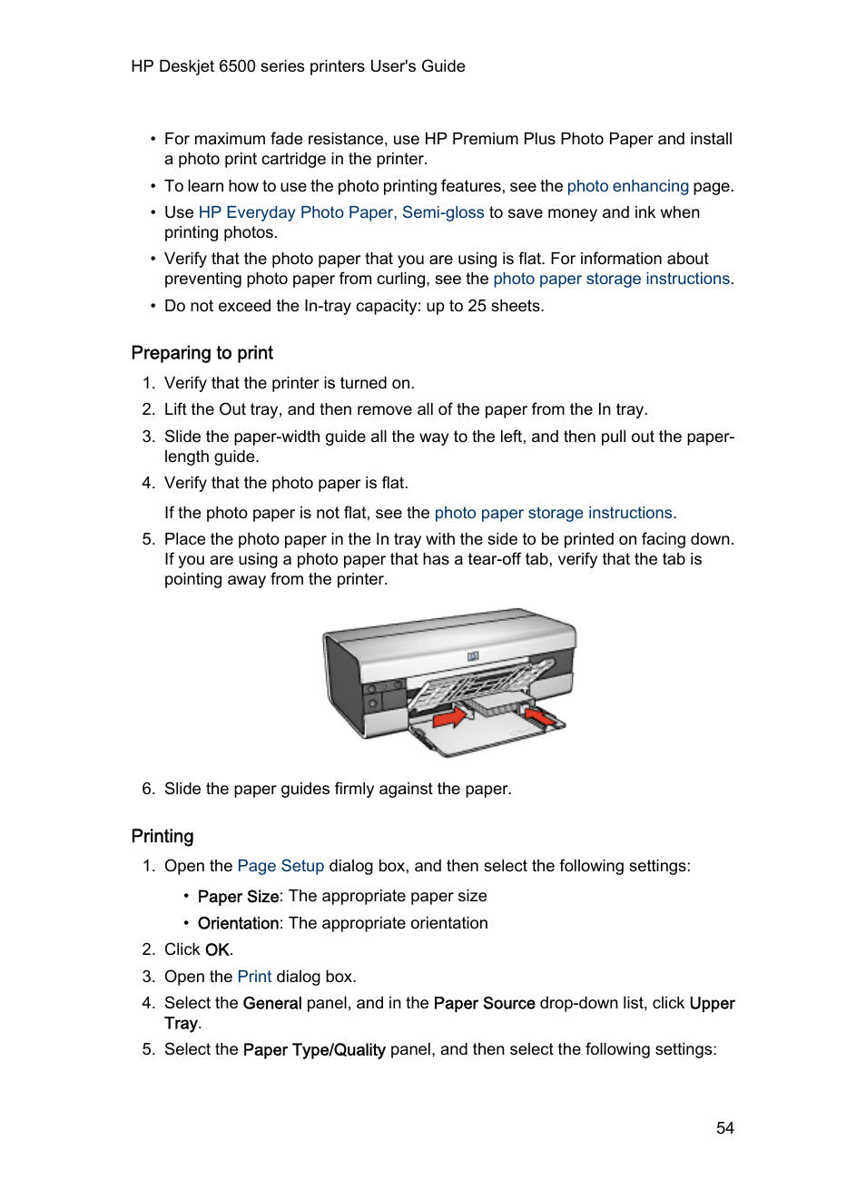 Preparing to print, Printing | HP Deskjet 6540 Color Inkjet Printer User Manual | Page 54 / 195