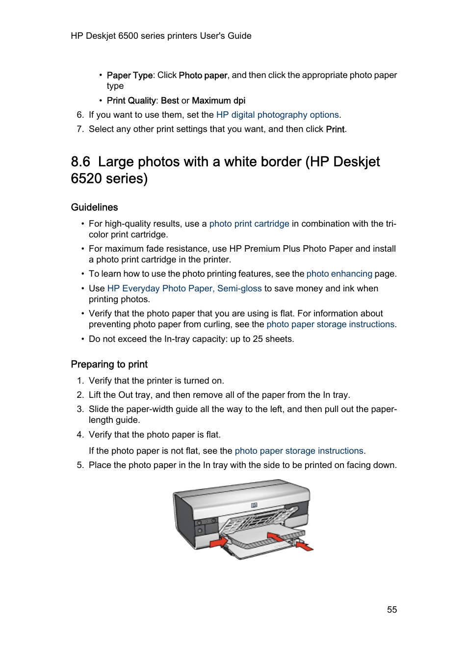 Guidelines, Preparing to print, Large photo | With a white border | HP Deskjet 6540 Color Inkjet Printer User Manual | Page 55 / 195