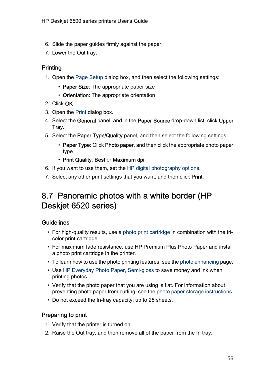 Printing, Guidelines, Preparing to print | Panoramic photo, With a white border | HP Deskjet 6540 Color Inkjet Printer User Manual | Page 56 / 195